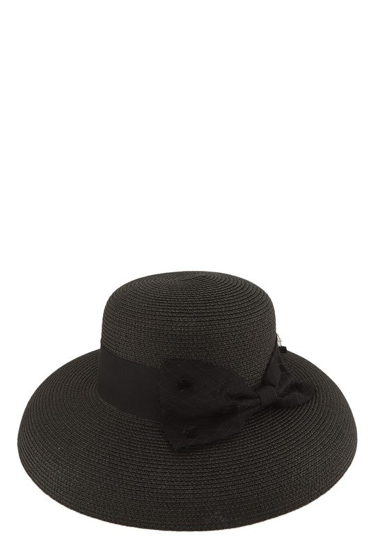 Straw Hat with Accent Bow - Black