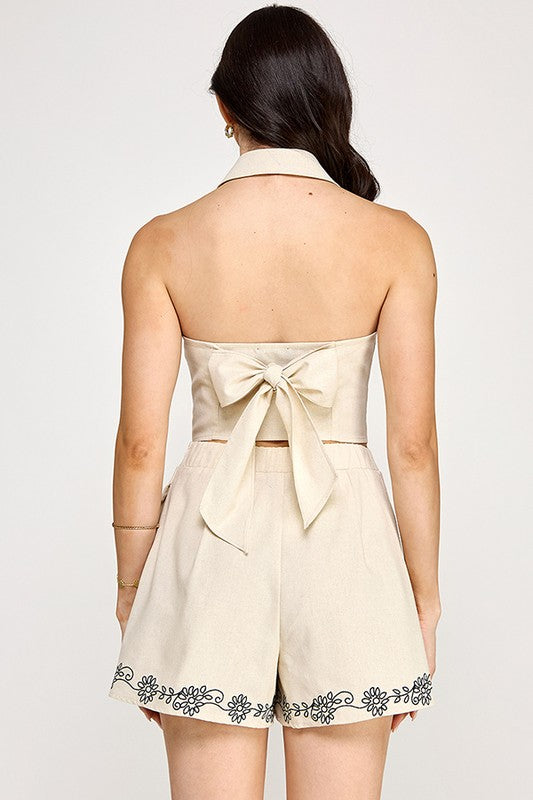 Embroidery Detail Vest With Short Set