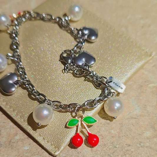 Silver Cherry and Pearls Charms Bracelet
