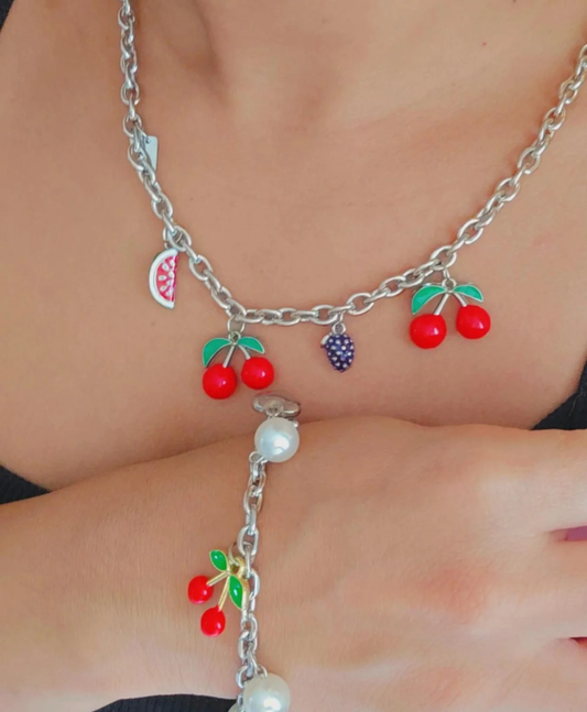 Silver Cherry and Pearls Charms Necklace