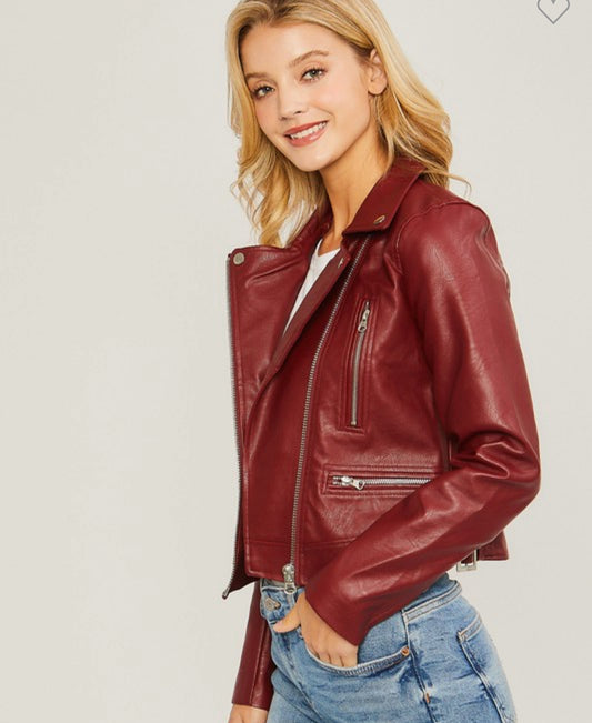 Juniors' Moto Faux Leather Jacket - Wine