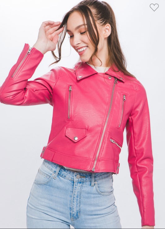 Juniors' Moto Faux Leather Jacket - Fucshia