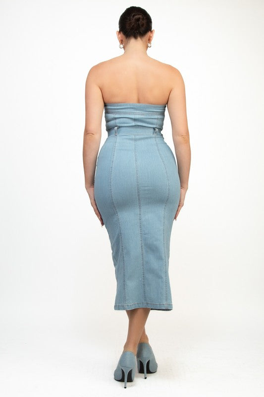 Zip-Up Tube Open Leg Belted Light Denim Dress