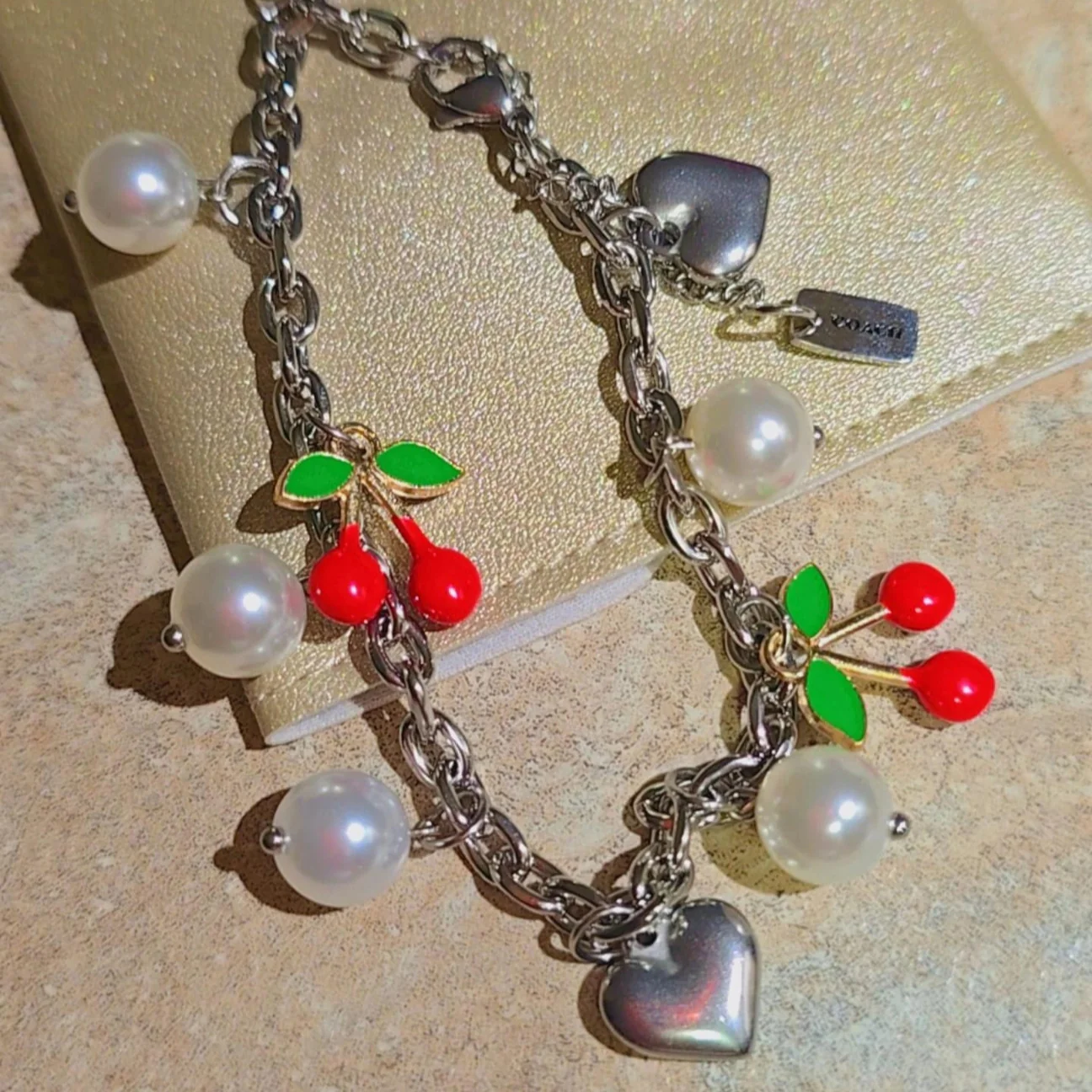 Silver Cherry and Pearls Charms Bracelet