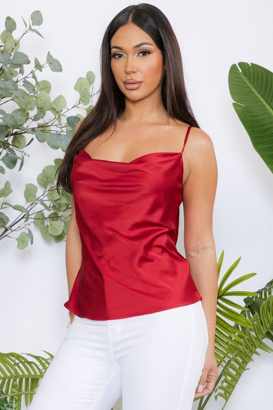 Red Solid Satin Casual Stretch Top