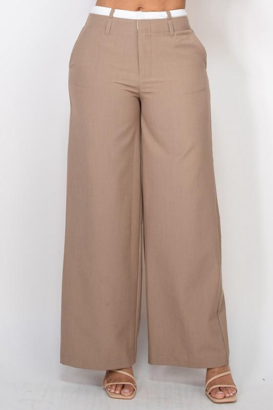 Elastic Two-Tone Wide Leg Pants
